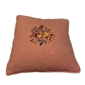 Needlepoint Floral Pillow Blush Background Color Corduroy Back Square Shape Vtg